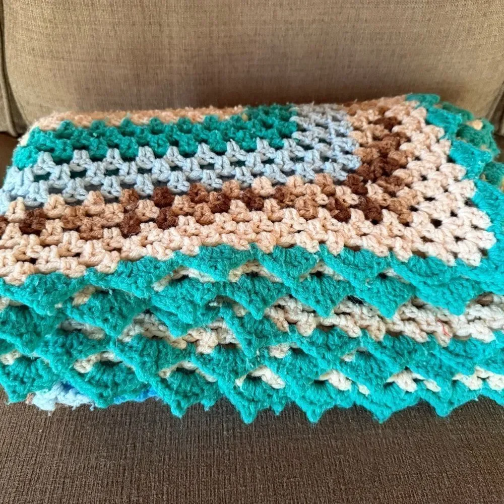 Vintage Handmade Hand Crochet Multicolor Throw Blanket Granny Afghan Grandma